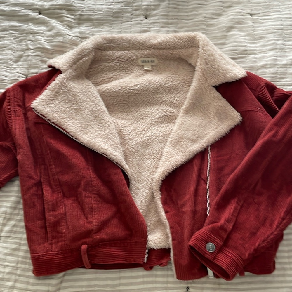 Cropped corduroy faux fur lined jacket